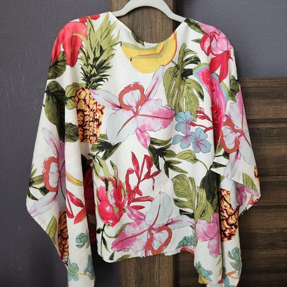 Peck & Peck 100% Linen Blouse L Floral Beaded Collar Poncho Oversize Boxy Kimono - Picture 7 of 14